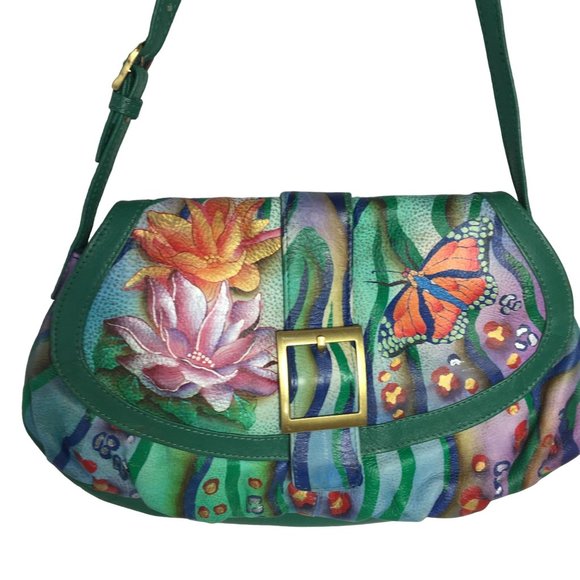Anuschka NEVER USED Handpaint Leather Shoulder Bag Flower Butterfly